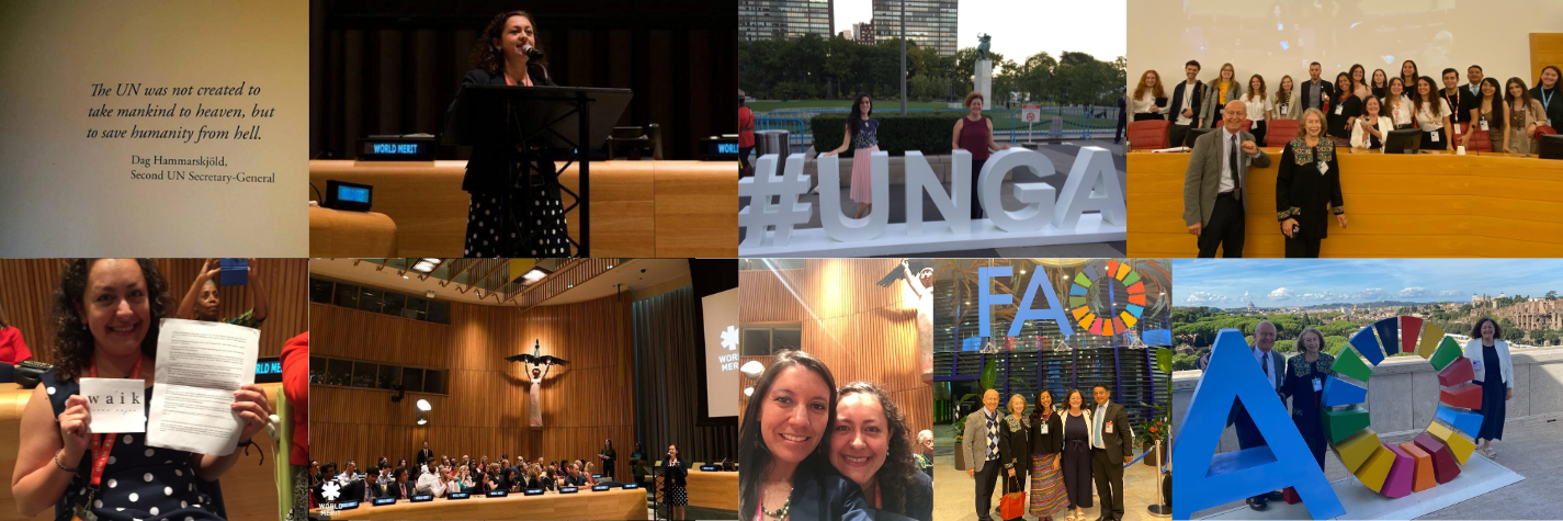 Foto de Wa’ik presentando el ODS 2 durante UNGA 2016 en la sede de la ONU en Nueva York, presente en UNGA y NY Climate Week 2018, y sesión organizada por Wa’ik durante el World Food Forum, en la FAO en Roma en 2023.